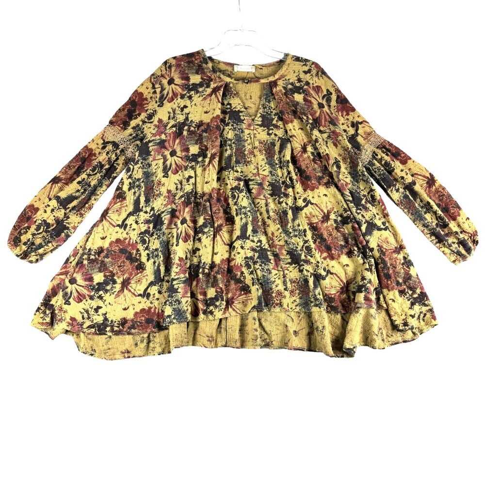 Altar'd State Blouse Women's Small Yellow Floral Long Sleeve Boho Cottagecore